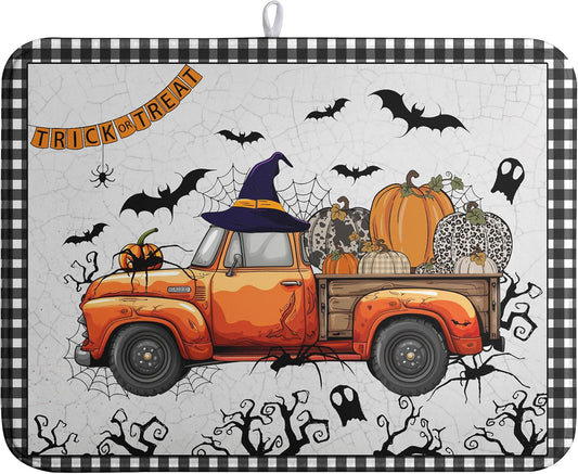Happy Halloween Pumpkin Truck Dish Drying Mat For Kitchen Trick or Treat Microfiber Absorbent Dish Drying Mats Spooky Black