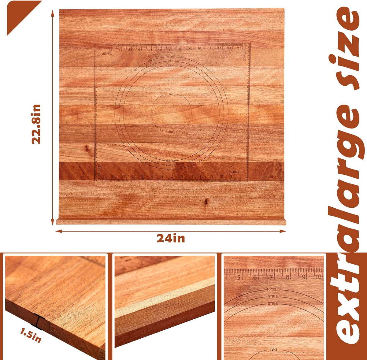 Vesici Walnut Pastry Board with Lip for Rolling Dough 24" x 22.8" x 1.5" Large Wooden Cutting Chopping Kneading Board with Engraved Measurements for Counter Tabletop Kitchen
