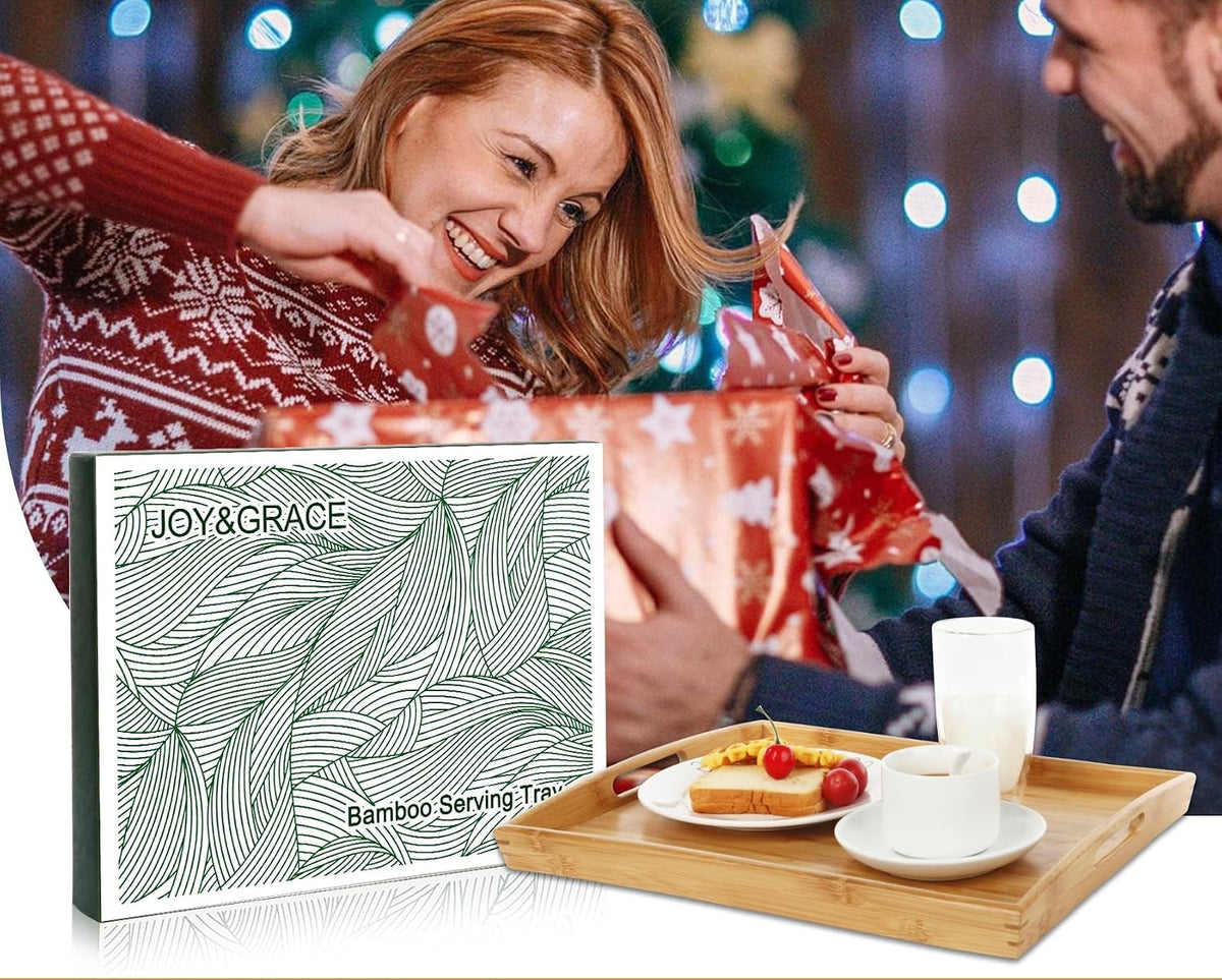 Joy&amp;Grace Bamboo Serving Tray with Handles 16.8 x 12.5 inch | Dinner Food Tray for Bed Breakfast Eating, Serving Tray for Coffee Table Ottoman TV, Decorative Wood Charcuterie Platter
