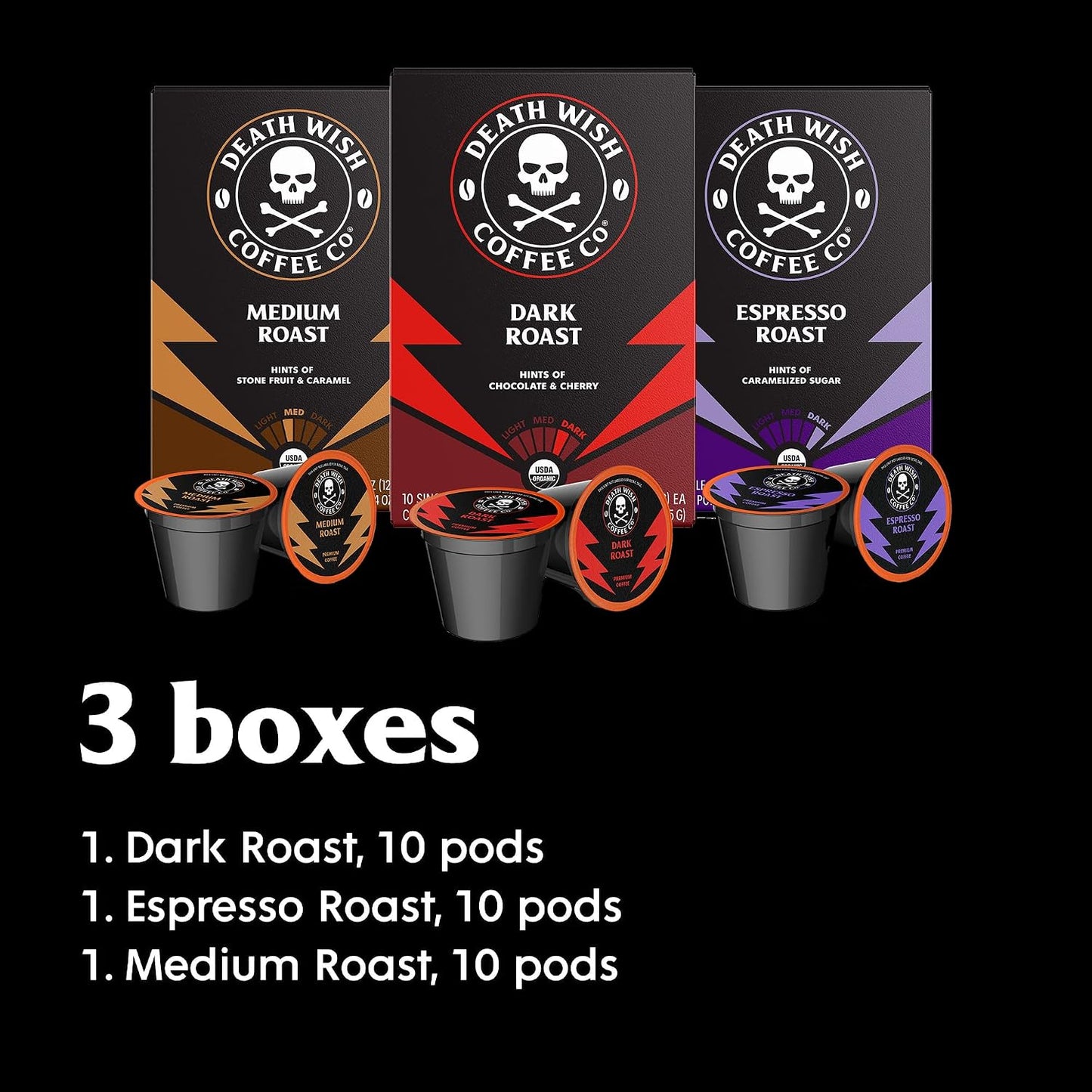 Death Wish Coffee Mixed Roast Variety Pack Coffee Pods, Organic, 30 Count | Fair Trade Arabica &amp; Robusta, Medium Dark &amp; Espresso Roasts, Bold &amp; Balanced, Assorted