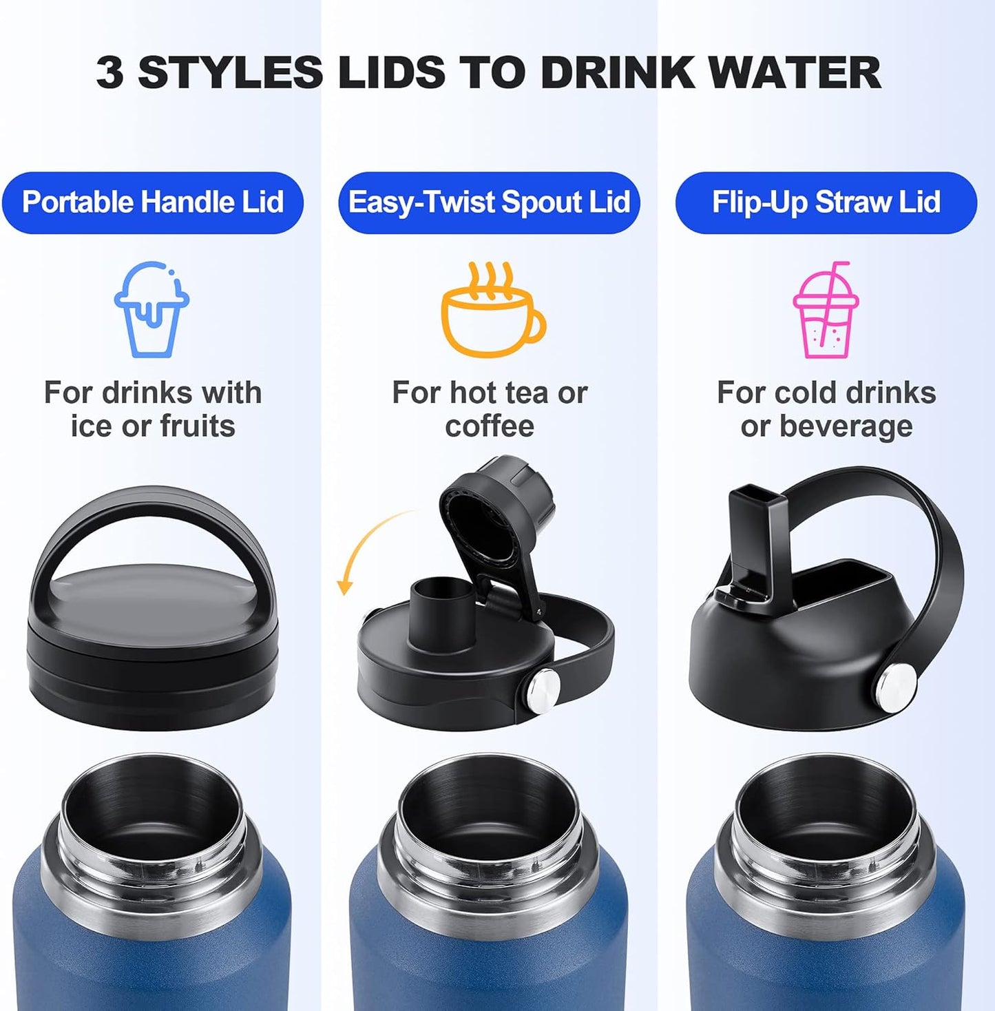 HYDROWION Water Bottle Insulated,32oz Water Bottles Straw Lid, Spout Lid and Flex Cap, Tumbler Flask (Cold for 48 Hrs, Hot for 24 Hrs), Leakproof Travel Thermo Mug, Fit Any Car Cupholder, Olive