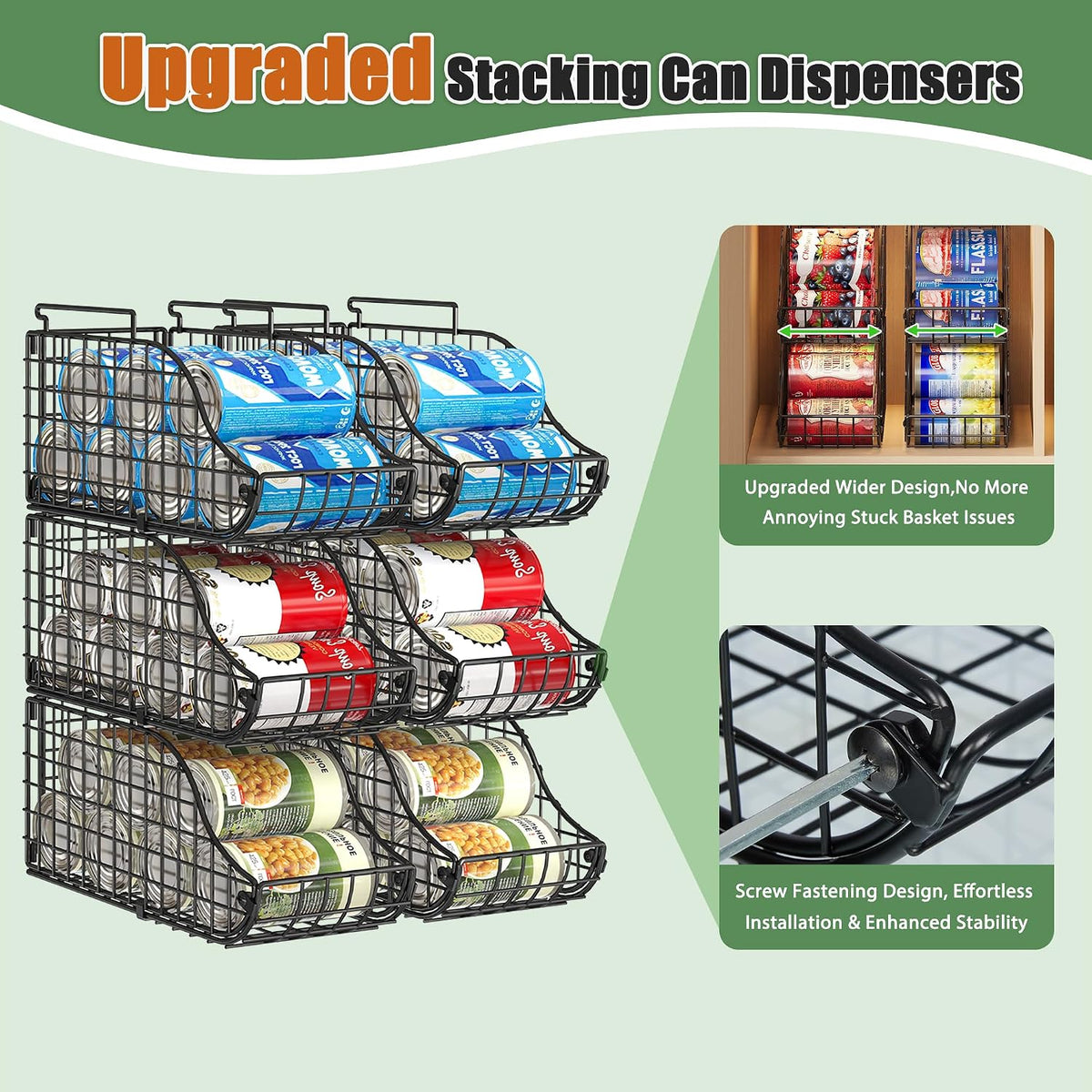 4-Pack Stackable Canned Food Organizer with Handles for Kitchen, Soda Can Organizer for Pantry Shelves, Wire Cabinet Shelf for Can Storage, Foldable Soda Dispenser, Patent Pending, Black