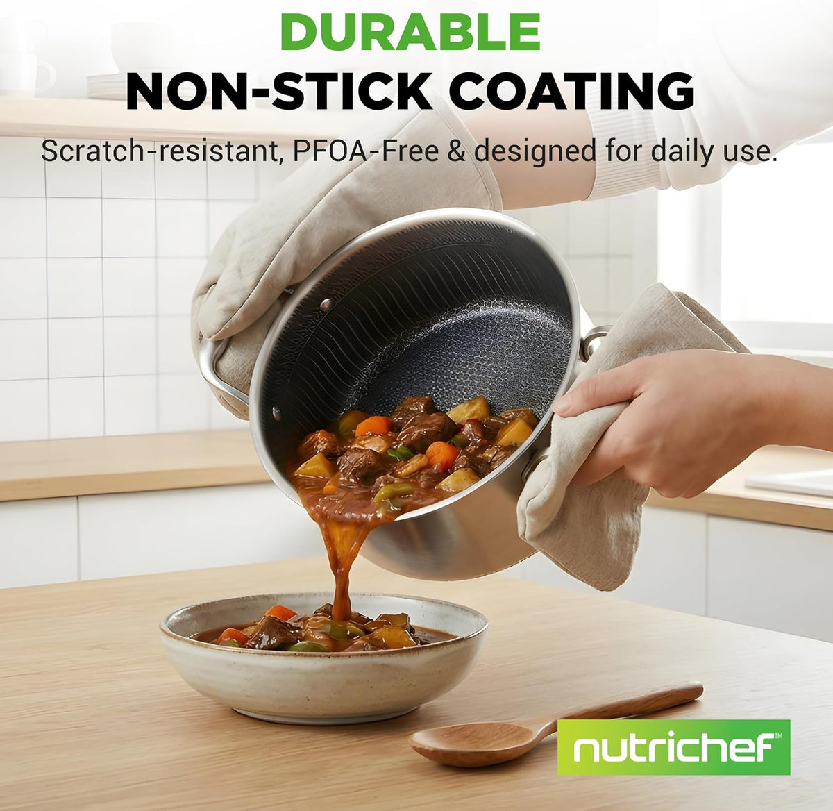 NutriChef 5 QT Stainless Steel Stew Pot - Triply Kitchenware Stew Pot with Glass Lid - DAKIN Etching Non-Stick Coating, Scratch-resistant Raised-up Honeycomb Fire Textured Pattern - NutriChef NC3PCAS