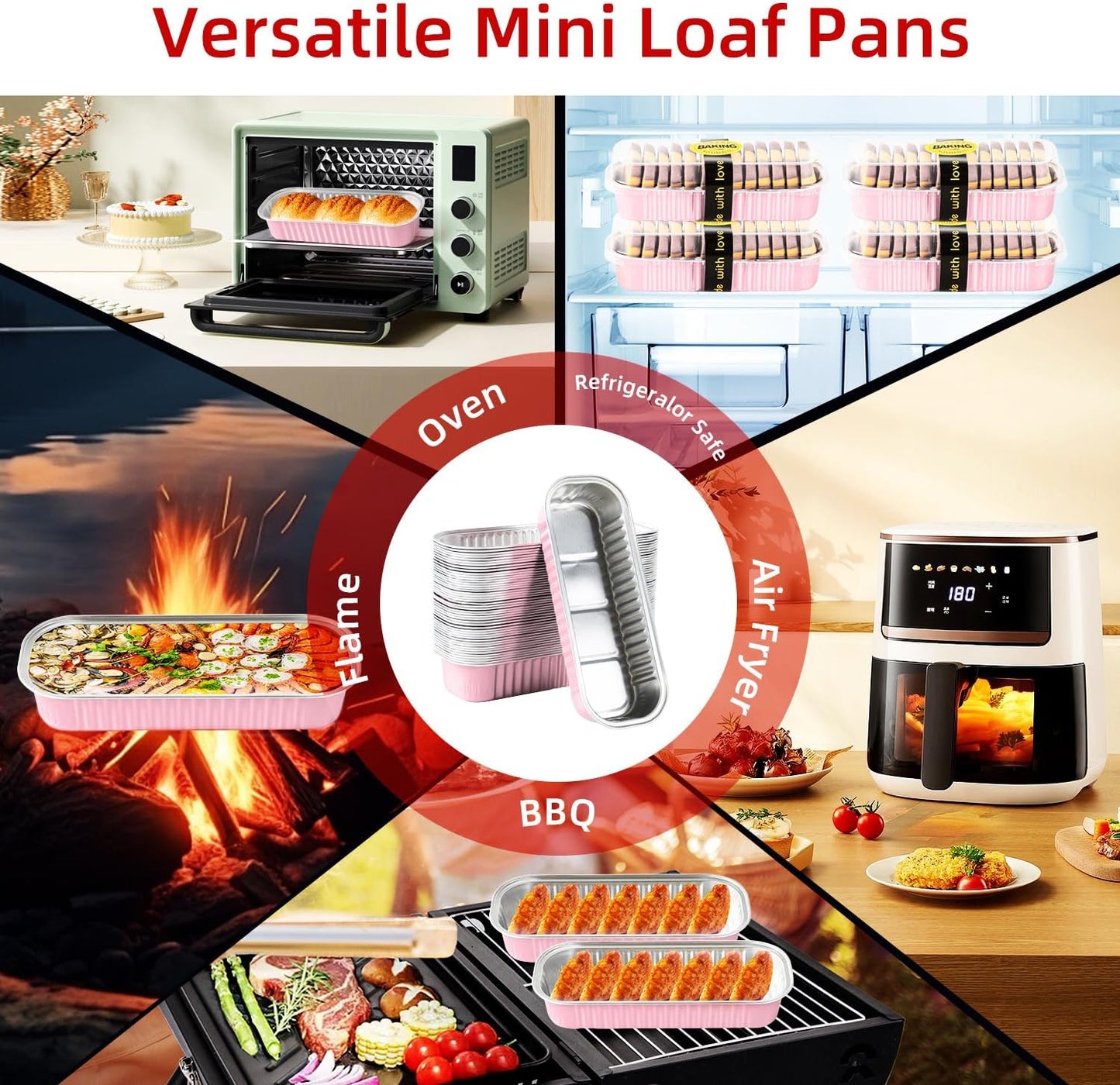 Mini Loaf Pans with Lids and Spoons Sealing Sticker,6.8oz Cake Pans for Baking Disposable Aluminum Foil Pink/Red cake pan (30, Pink)