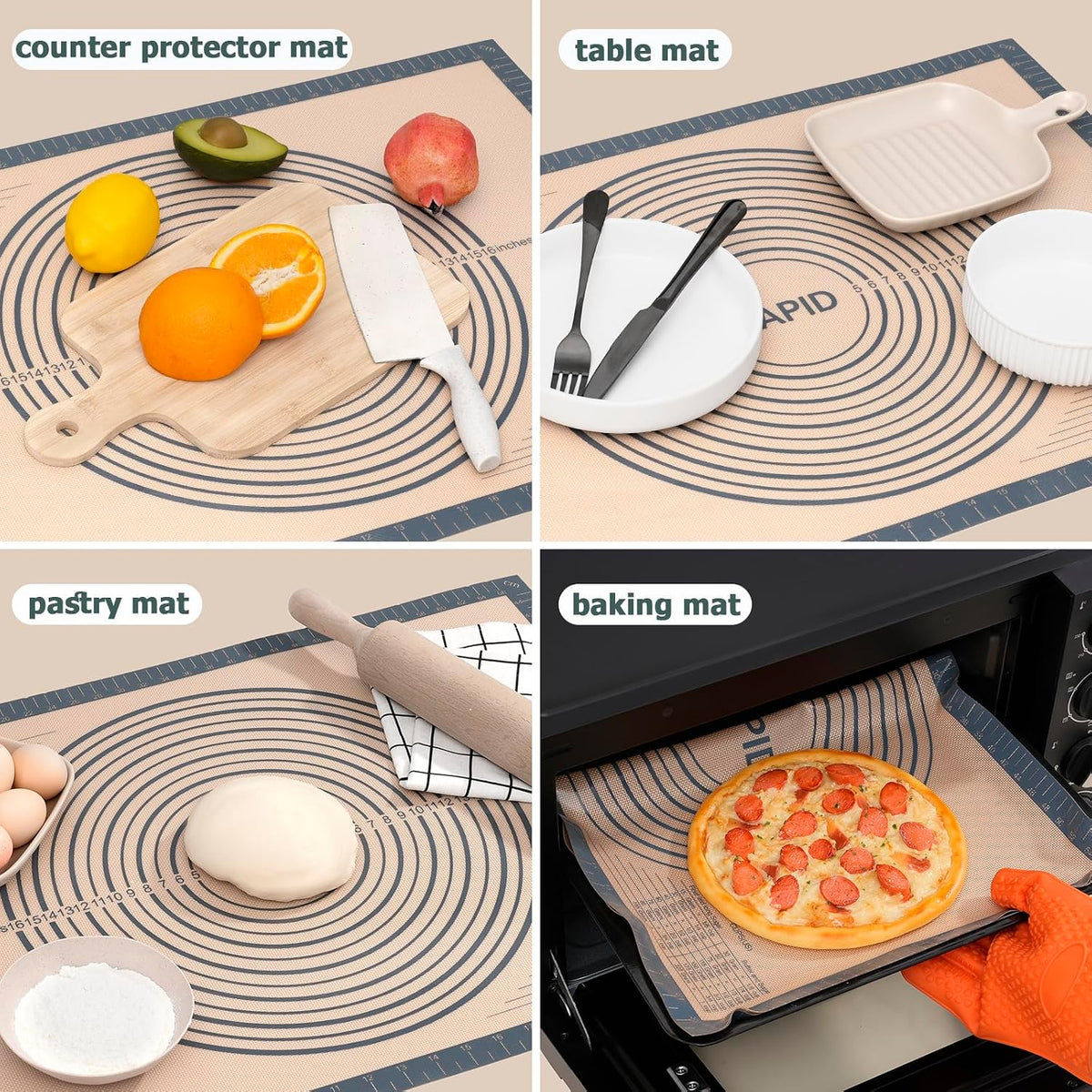 Non Slip Silicone Pastry Mat Large Non-stick Baking Mat for Dough Rolling | With Measurements for Pie Crust, Pastry Roll Out, Cookies, Bread and Silicon Kneading Mat (16" x 24", Gray)