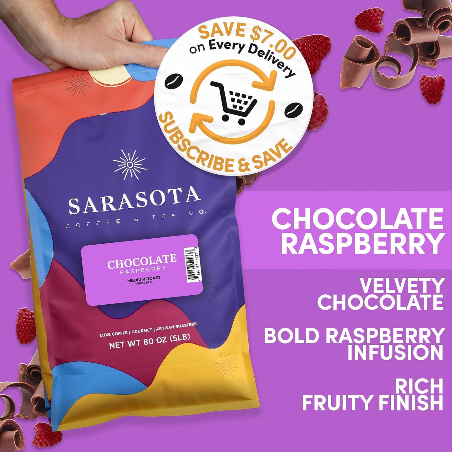 Sarasota Coffee Whole Bean Chocolate Raspberry | Medium Roast Gourmet Flavored Coffee Beans | Low Acid, Mold Free, Specialty Grade Bulk Coffee Beans | 5lb (80 oz)