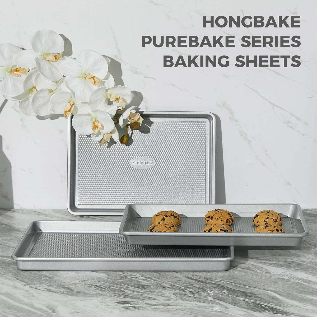 HONGBAKE Naturally Non Toxic Baking Sheet Pan Set of 3, Heavy Duty Aluminized Steel Cookie Sheets, Half/Quarter/Jelly Roll Pans with Textured Nonstick Surface, Free of PTFE &amp; PFOA