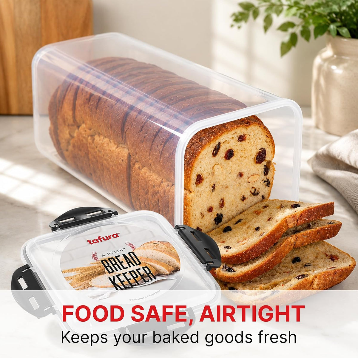 Tafura Bread Container - 5.8 Liter BPA Free Plastic Bread Box - Container/Holder for Homemade Loaves and Baked Goods with Black Airtight Lid