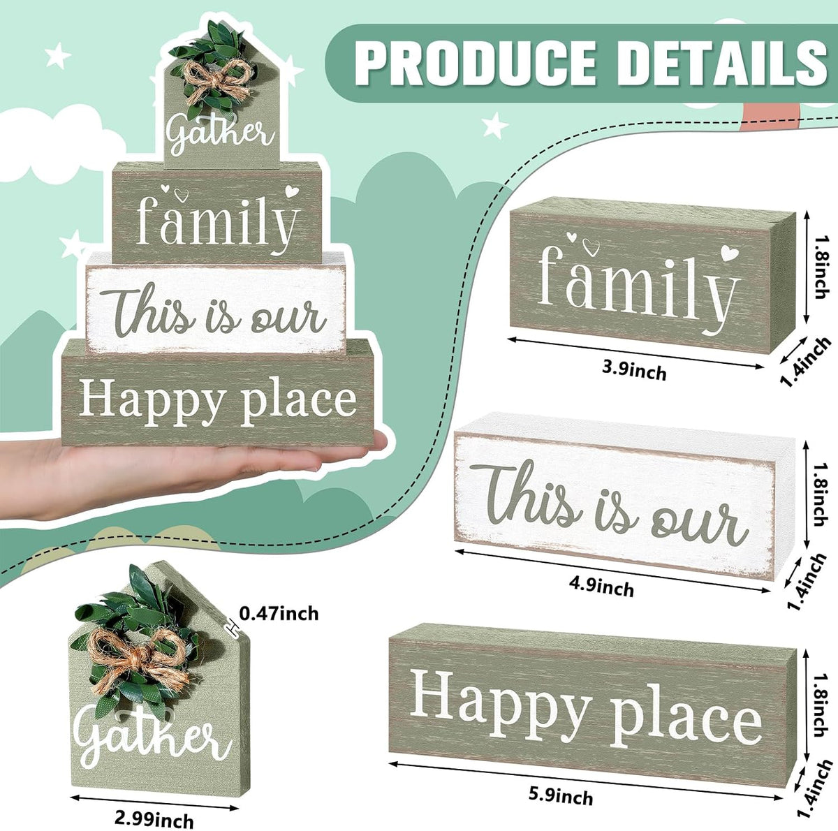 Cinnvoice 4 Pcs Farmhouse Table Decoration Rustic Sign Block,Gather Family | Sage Green Eucalyptus Wood Sign, Home Tabletop Centerpiece, Farmhouse Decor for Home Kitchen Office Shelf Mantel Decor
