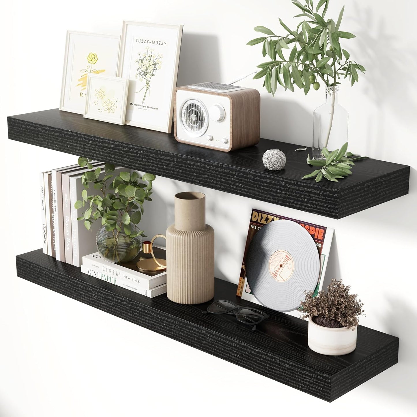 Heimlove 36 Inch Floating Shelves for Wall 8 Inch Deep Black Shelves Set of 2,Wall Mounted Rustic Wo
