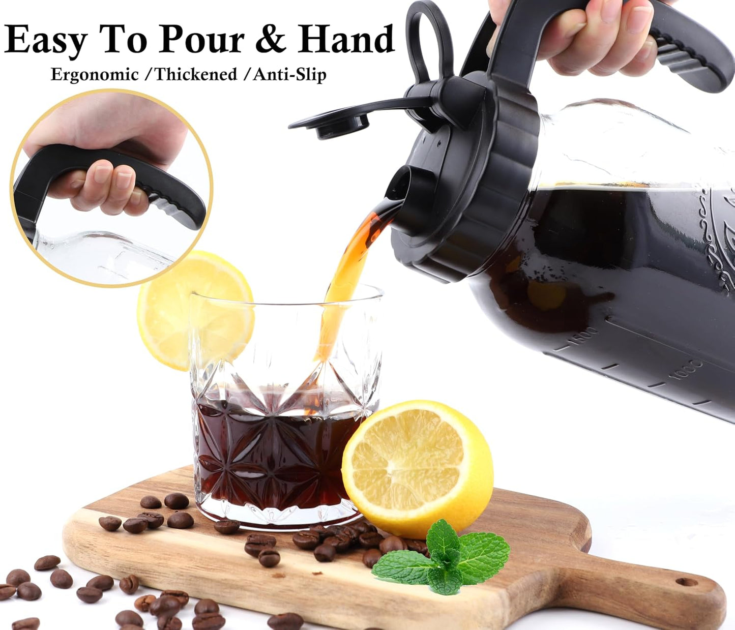 Cold Brew Coffee Maker Pitcher 2 Quart Glass Mason Jar With Spout Lid Filter Half Gallon Wide Mouth Iced Tea Brewing Jug Heavy Duty Handle Airtight &amp; Leak-Proof Pitcher For Fridge Sun Tea 64 OZ