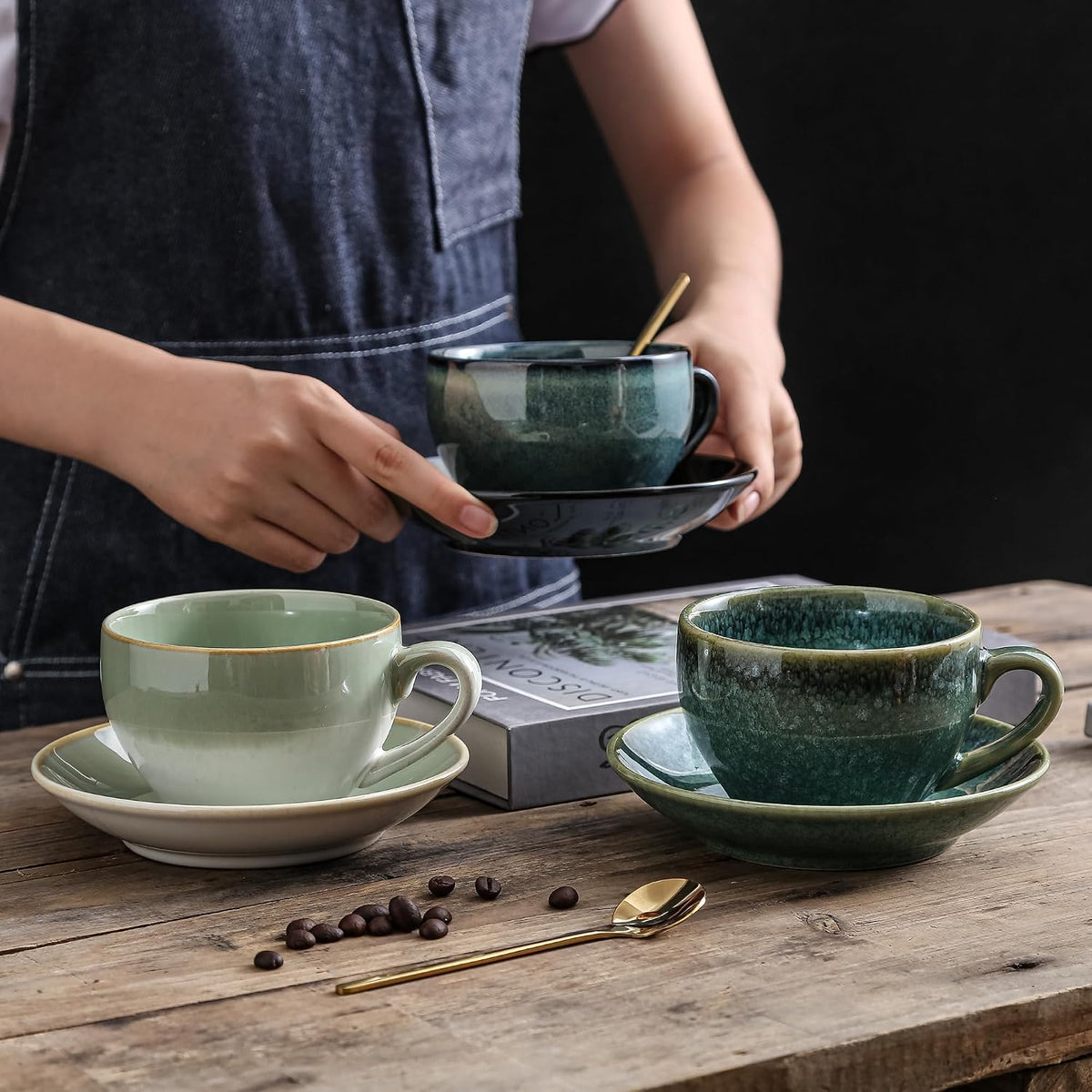 Porcelain Coffee Cup with Saucer Spoon, Vintage Design Ceramic Latte Art Cappuccino Barista Espresso Tea Cup with Saucer (10oz, Crystal Green)