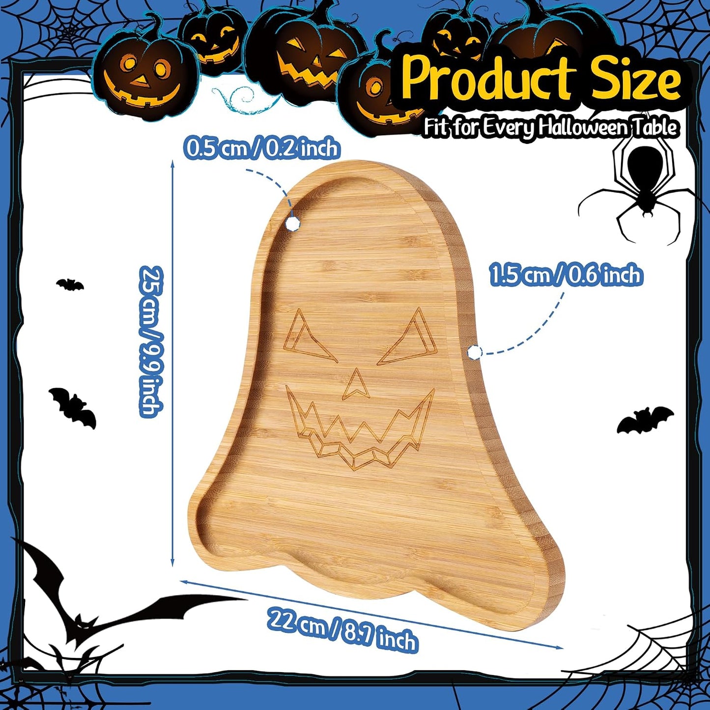 TJ POP Ghost Serving Tray - Spooky Ghost Shaped Bamboo Serving Platter, Festive Wooden Charcuterie Board, Snack Cheese Dish Plate for Candy, Treats, Drinks &amp; Holiday Party Decor (10" x 9")