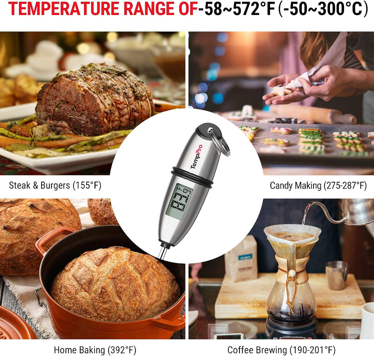TempPro TempSwift 1 Sec Meat Thermometer Digital for Kitchen Cooking Food | 2 Pack, 5.3 inches Super Long Stainless Steel Probe, Bread Baking Sourdough Liquids Oil Frying Candy Making Accessories Gift