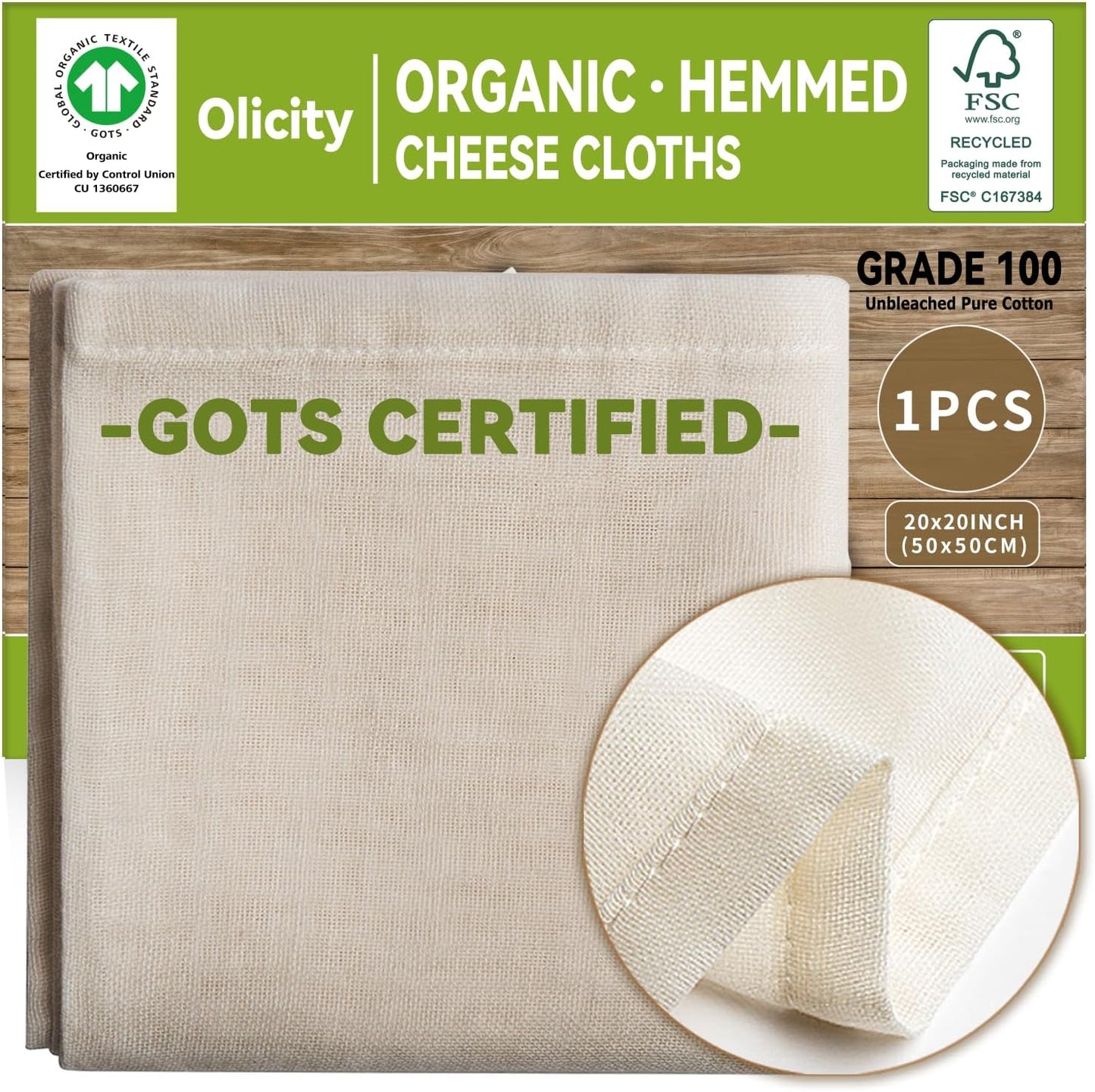 Organic Cheese Cloths, GOTS Certified, Grade 100,20x20Inch Hemmed Cheese Cloth Reusable Muslin Chees