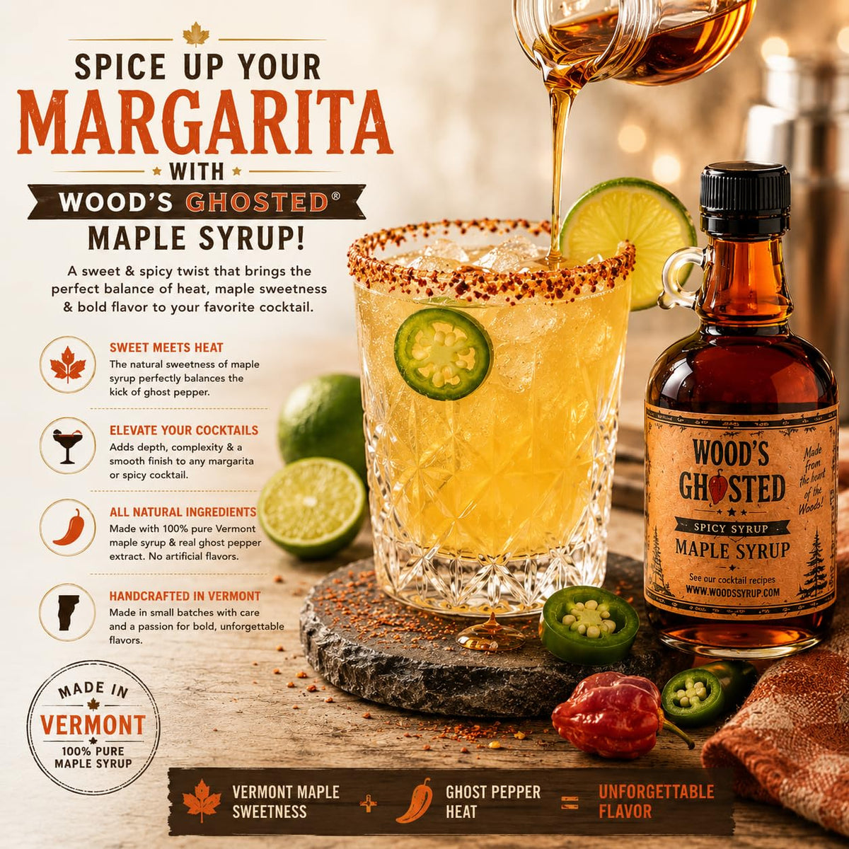 WOOD'S “Ghosted” Maple Syrup – Ghost Pepper Infused | Sweet &amp; Spicy Flavor Fusion | Small-Batch Vermont Syrup with Real Ghost Pepper Extract | Vegan, Natural, Eco-Friendly | Great for Cocktails, BBQ, Glazes &amp; More |8.45 Fl Oz (250mL)