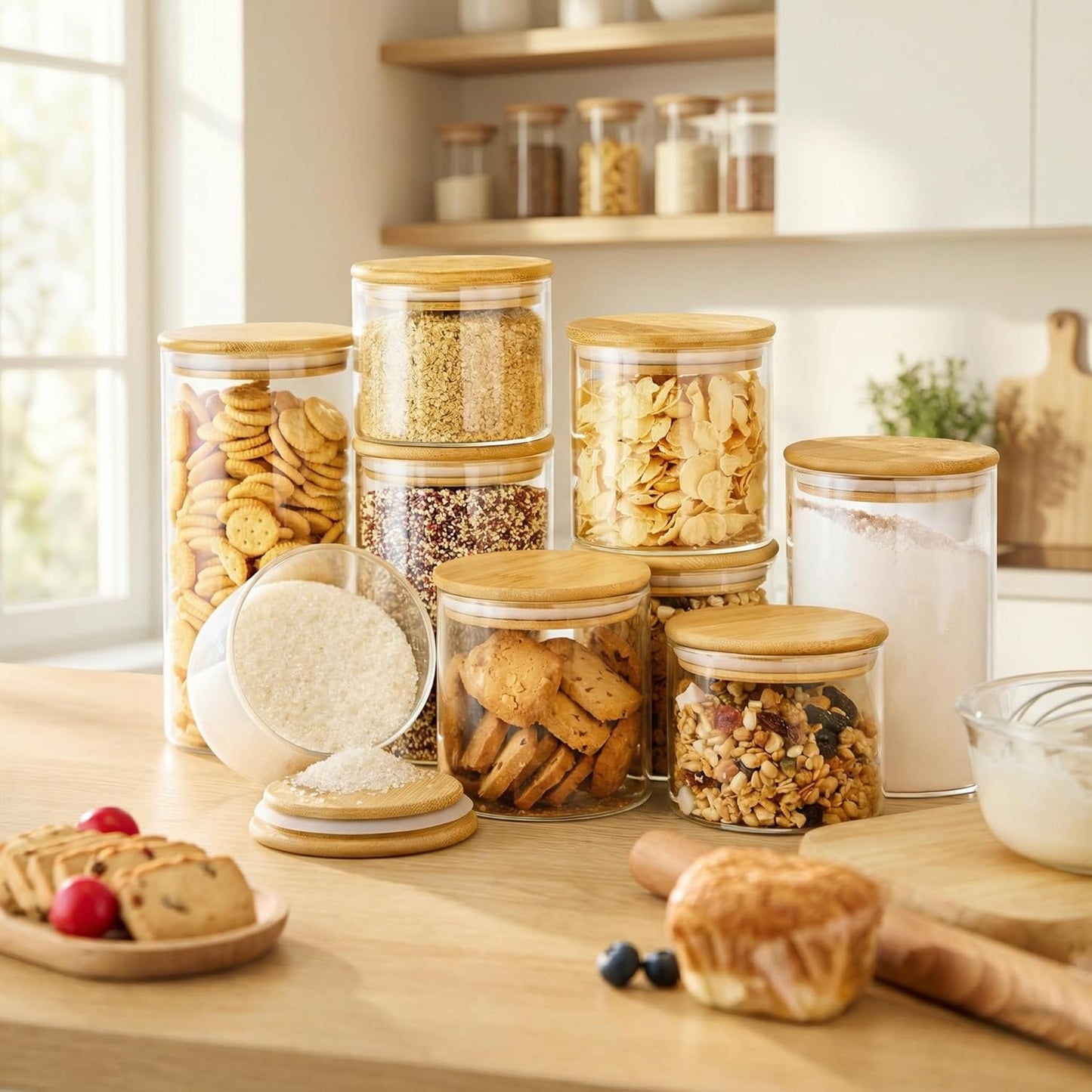 53 oz Round Glass Food Storage Containers with Airtight Bamboo Lids, 4 Pack