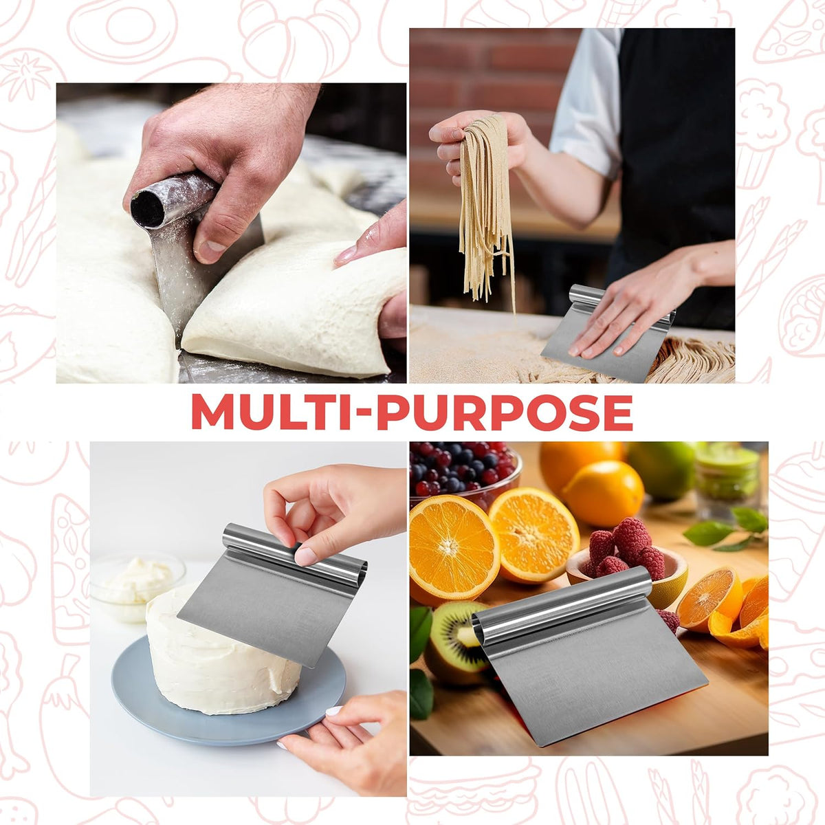 Bench Scraper for Baking, Food Scraper Stainless Steel Blade Dough Cutter with Engraved Measuring Guide &amp; Equivalent Chart, Scraper Tool kitchen Use for Scrapping, Cutting, Chopping, 2 Pack -by RamPro