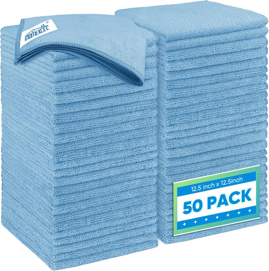 HOMEXCEL Blue Microfiber Cleaning Cloth 50 Pack, 12.5 x 12.5 inch Microfiber Towels for Cars, Ultra Absorbent Car Washing