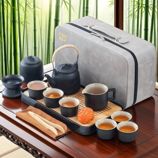 ICHAG Chinese Tea Set, Japanese Tea Sets for Adults, 15-Piece Porcelain Gongfu Tea Set with Tea Pet & Tea Tray, Japanese