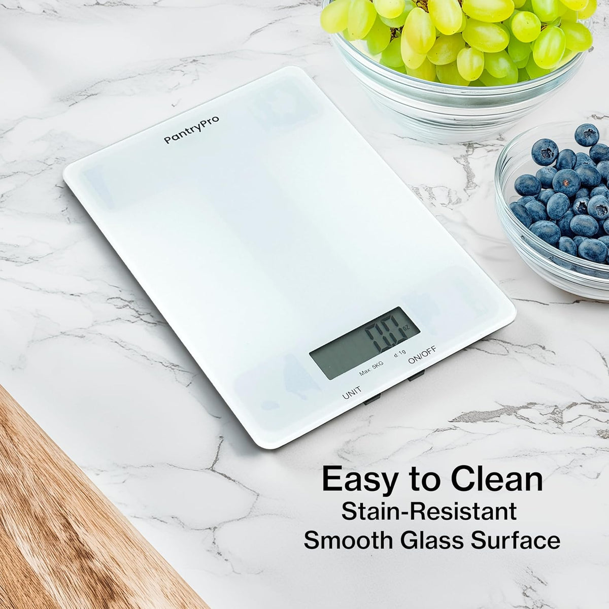 PantryPro Glass Platform Digital Kitchen Scale - 11lbs / 5kg Capacity - LCD Display g kg oz lb fl.oz ml - CR2032 Battery Included - White