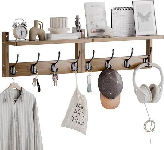 Coat Rack with Shelf Wall Mount, Entryway Bamboo Hanging Shelf, Set of 2, Wall Hook Rail for Hallway Décor, Storage Clothe,