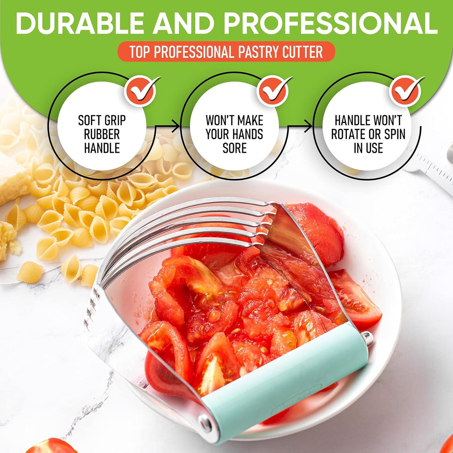 Spring Chef Stainless Steel Large Size Dough Blender For Baking, Professional Manual Dough Cutter Tool, Dishwasher Safe Puff Pastry Cutter Tool with Sharp Blades, Pastry Blender for Easy Mixing - Mint