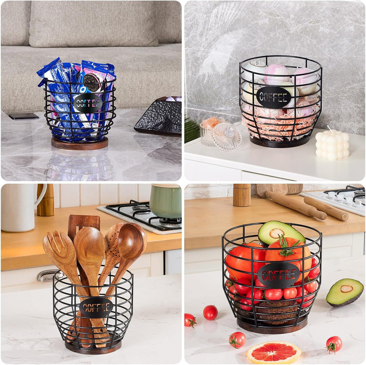 Yangbaga Large Coffee Pod Holder: Black Wire K-Cup Holder with Wood Base | 3L Large Capacity-Stainless Steel Basket Bar Decor-Multi-Purpose Storage-Easy Clean- Fit for Coffee Bar/Pod/Capsule/Station