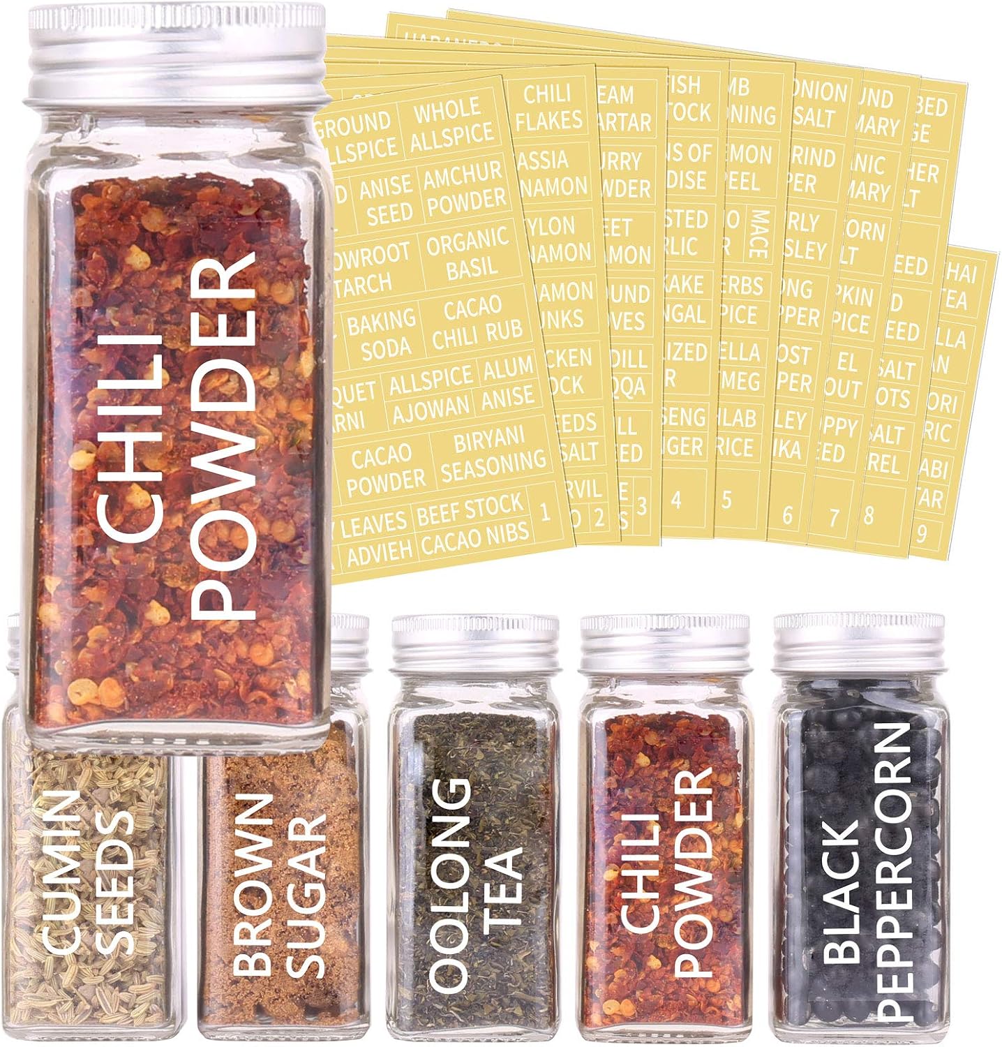 SWOMMOLY 42 Pcs 4 oz Glass Spice Jars with Shaker Lids and 703 Spice Labels