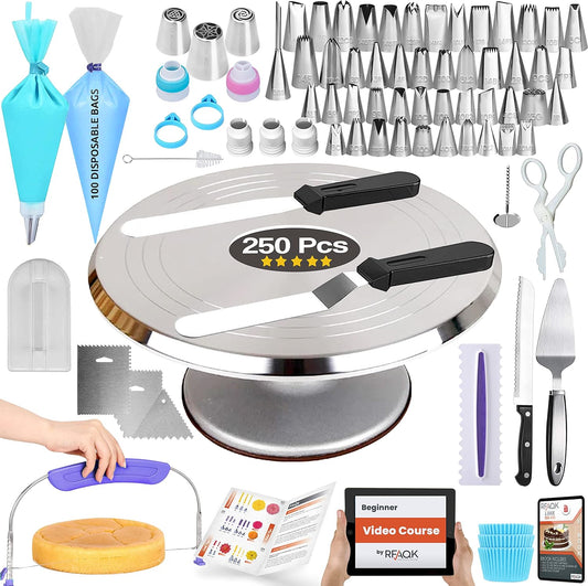 RFAQK 250 PCs Aluminum Cake Decorating Tools Kit with 12" Metal Turntable & Knife set-48 Numbered Icing Tips-3 Russian