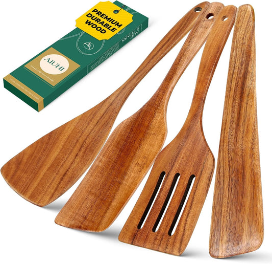 AIUHI Wooden Spatula for Cooking, Premium Teak Wood Cooking Utensils, NonStick Kitchen Utensils Set of 4 Contain Paddle,