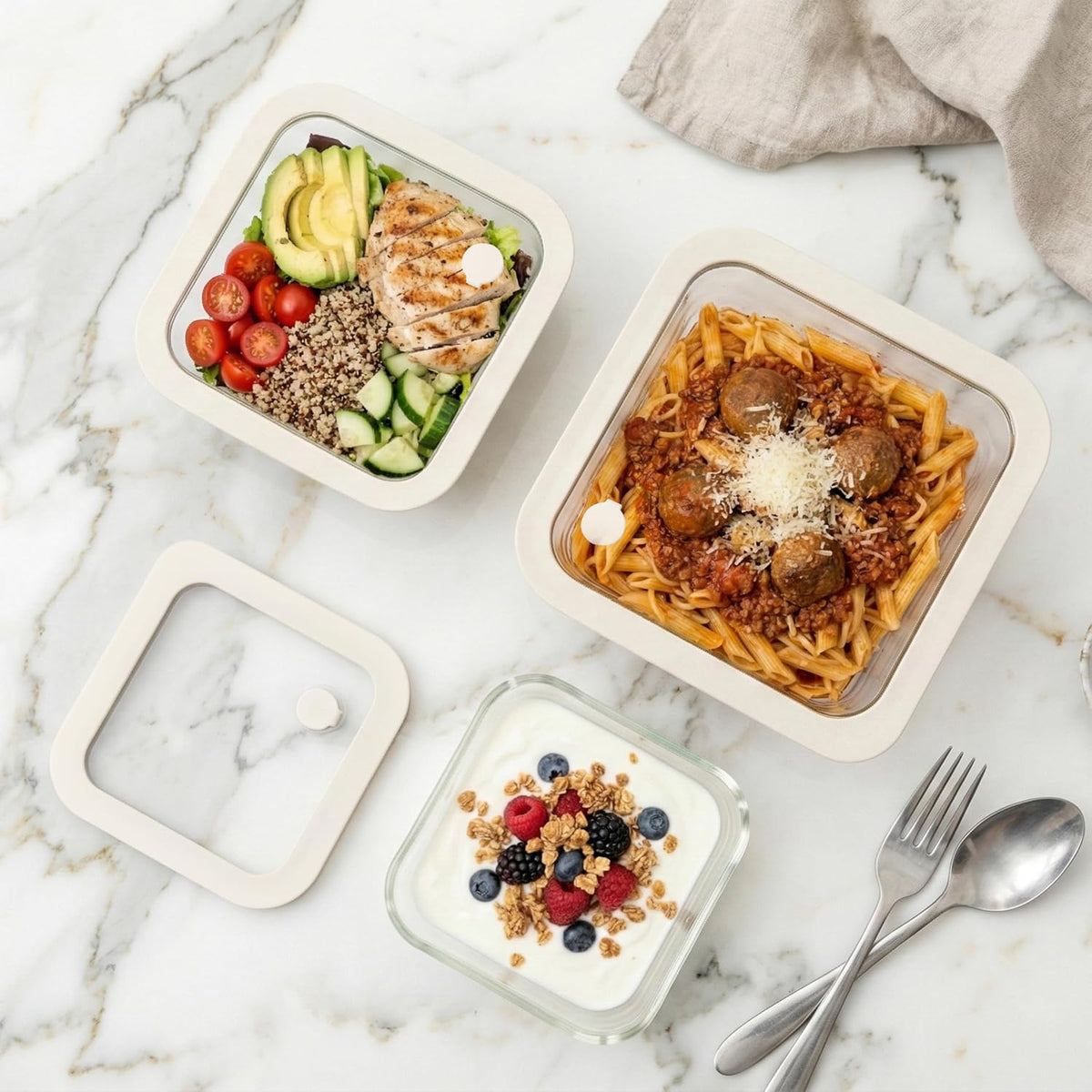 Urban Green Glass Food Container Set with Silicone Glass Lid, Large Size 3 Pack, Meal Prep Food Storage Containers with Airtight Lids, Leakproof, 100% Plastic Free, White color