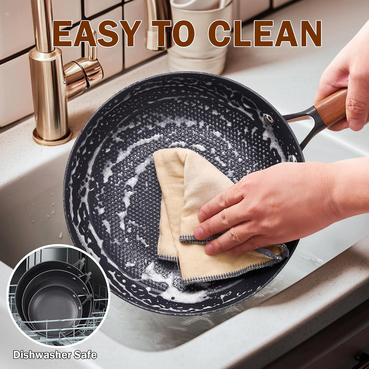 DM Cast Iron Skillet, 10 Inch Nonstick Frying Pan with Detachable Acacia Wooden Handle, Honeycomb Non stick Omelet Egg Pan, Easy Clean Oven Safe Pans for Cooking