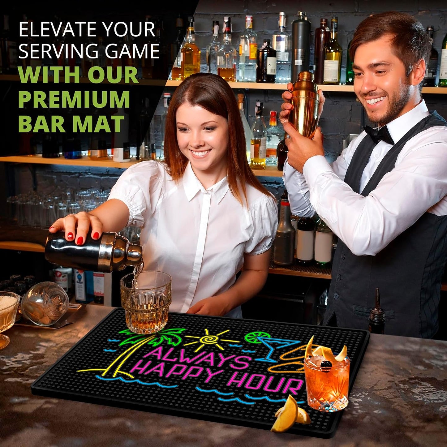 Always Happy Hour Bar Mat - Tiki 18"x12" Rubber Bar Mat for Home Bar, Outdoor Bar, Wet Bar &amp; Countertop, Non-Slip Tropical Spill Mat for Pool, Patio &amp; Tiki Lounge