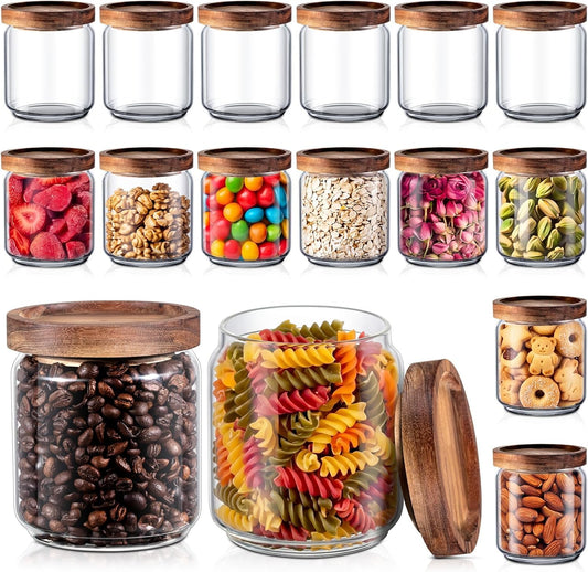 Irenare 16 Pack Glass Containers Canister Set, 17 oz Food Storage Spice Jars with Airtight Lids, Clear Kitchen Containers for Coffee Sugar Tea Beans Nuts Candy Pantry Organization (Wood)