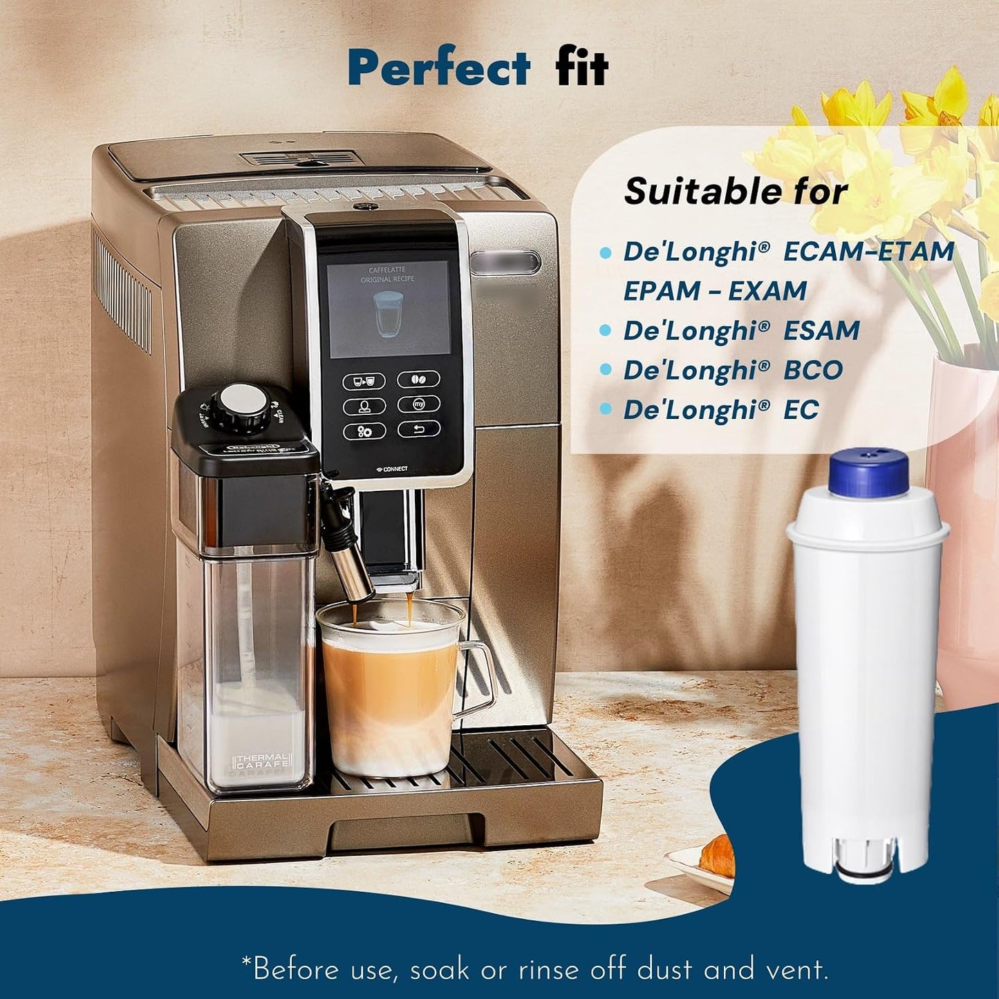 Coffee Machine Filter, Delonghi Filter Replacement for DLSC002, Delonghi Magnifica Evo, Dinamica Plus, ESAM, ETAM, BCO, EC. Activated Carbon Water Filter Cartridges Softener (6 Pcs)