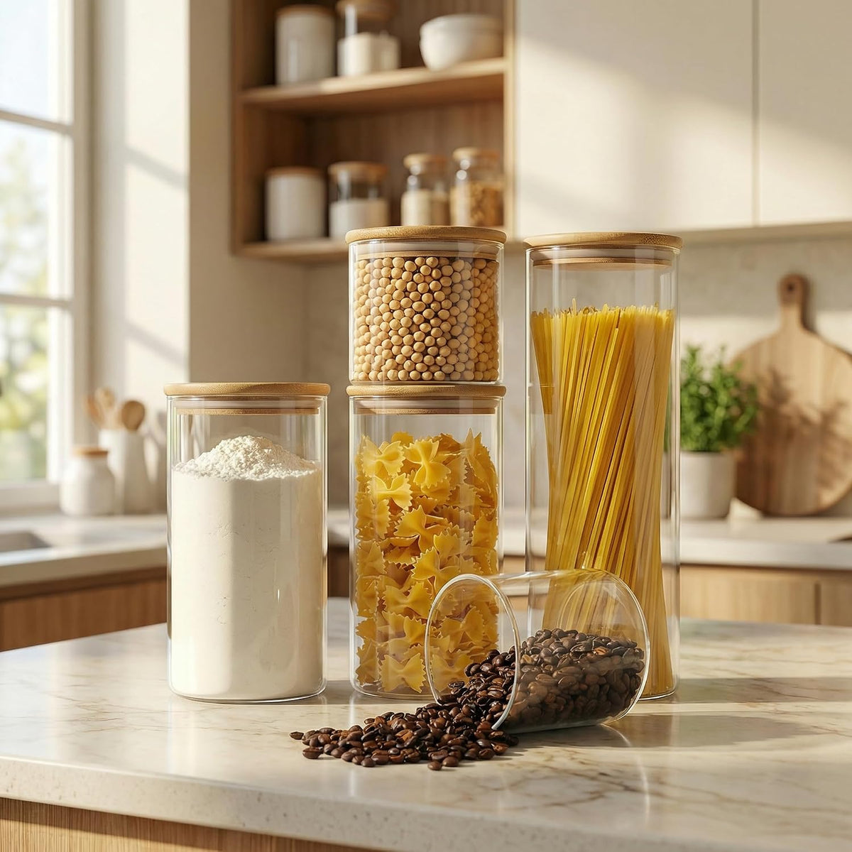 Round Glass Storage Containers with Bamboo Lids for Pasta & Flour