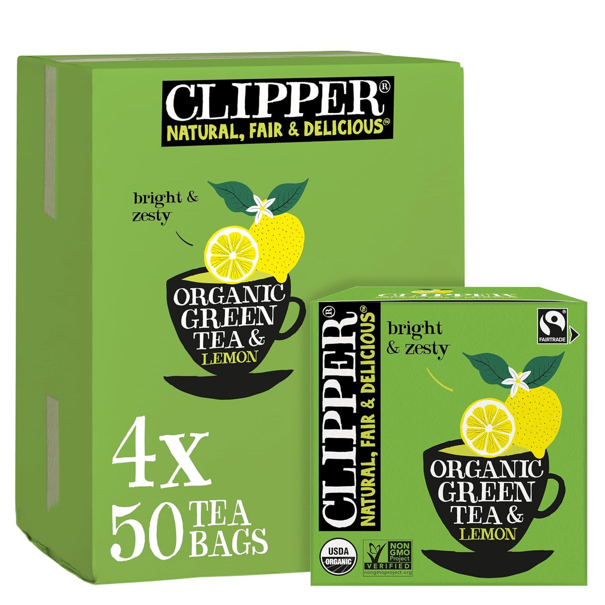 Clipper Organic Green Tea &amp; Lemon, 4 Pack / 200 Tea Bags | A light, crisp and refreshing green tea in unbleached tea bags, USDA Organic, Non-GMO approved.
