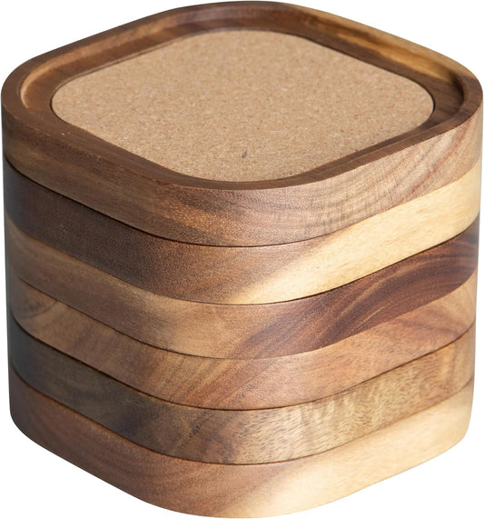 Acacia Wood Coasters for Drinks, 4.13 Inch, Set of 6, Squircles Insulation and Absorbent Cork Stackable Cup Holder, Rustic