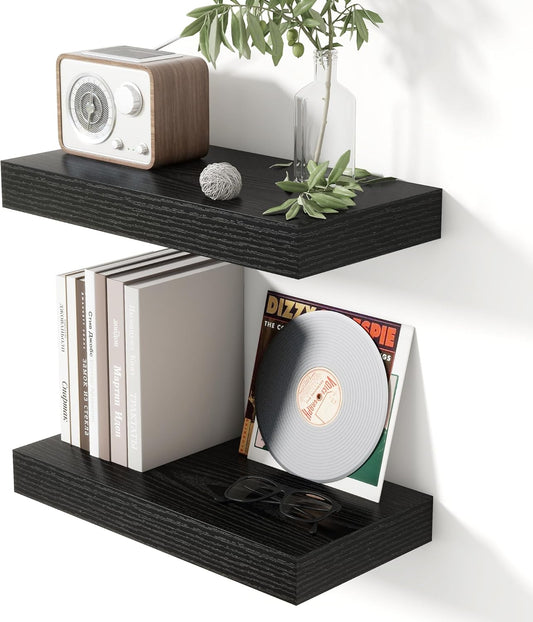 Heimlove 16 Inch Floating Shelves for Wall Black Shelves Set of 2,Wall Mounted Rustic Wood 8 Inch Deep Floating Shelf with
