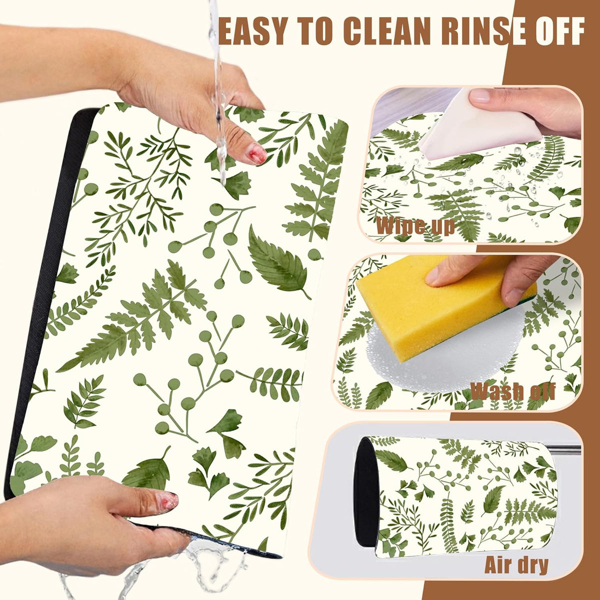 Green Leaf Coffee Mat Herb Dish Drying Mat for Kitchen Counter Hide Stain Rubber Backed Absorbent Coffee Bar Accessories Fit Under Espresso Machine, 15.7 x 23.6 Inch