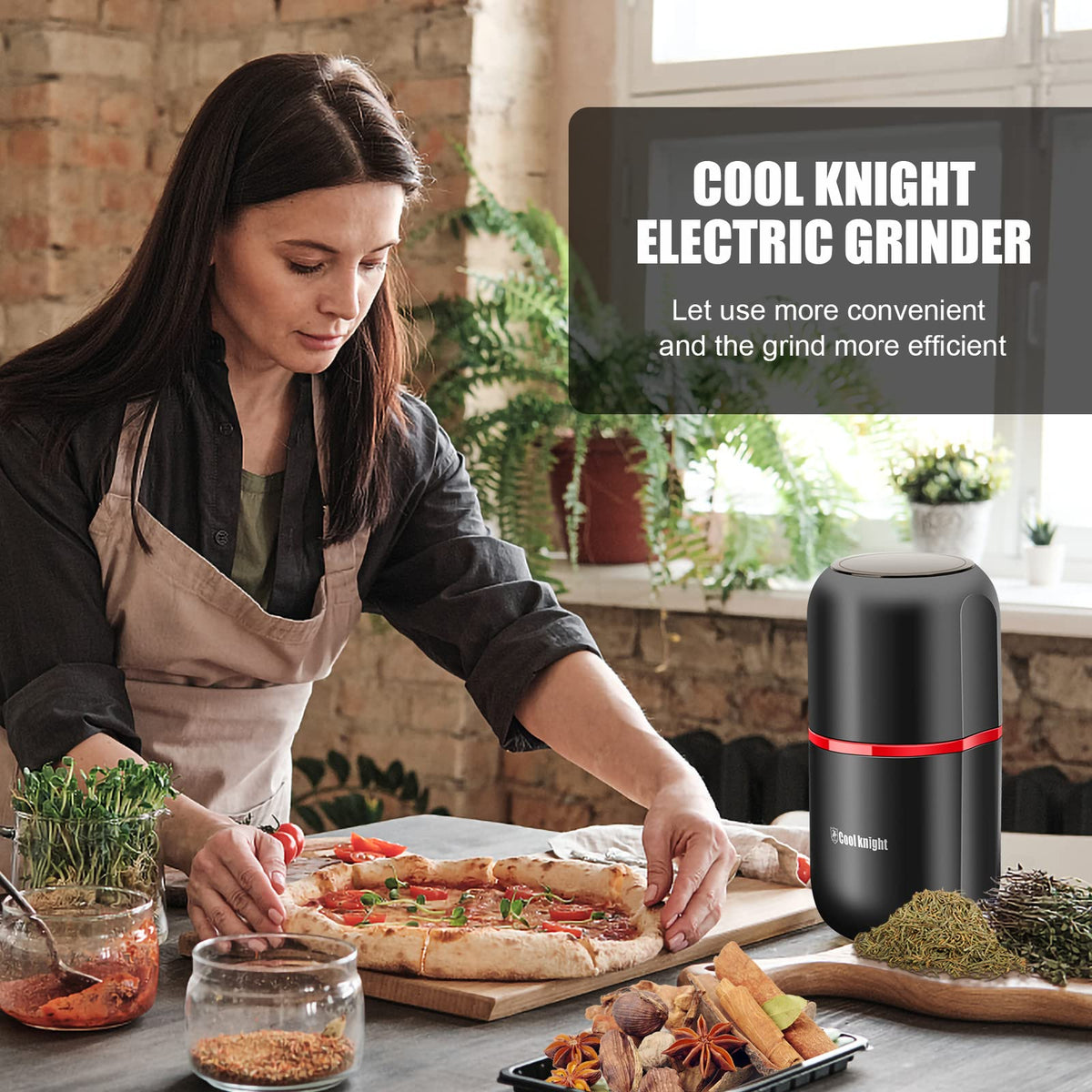COOL KNIGHT Herb Grinder [large capacity/fast/Electric ]-Spice Herb Coffee Grinder with Pollen Catcher/- 7.5" (Black)