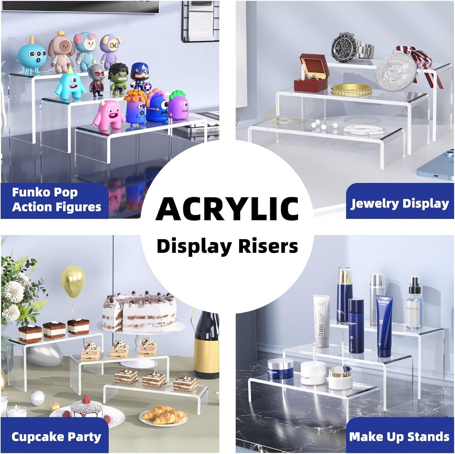 Goabroa 12 Pcs Clear Acrylic Risers Display Stands, 3 Tiers 4mm Thick Transparent Acrylic Shelves Ideal for Collectibles Stand, Party Cake Dessert Holder, Floating Visual Pop Figure Display Shelves
