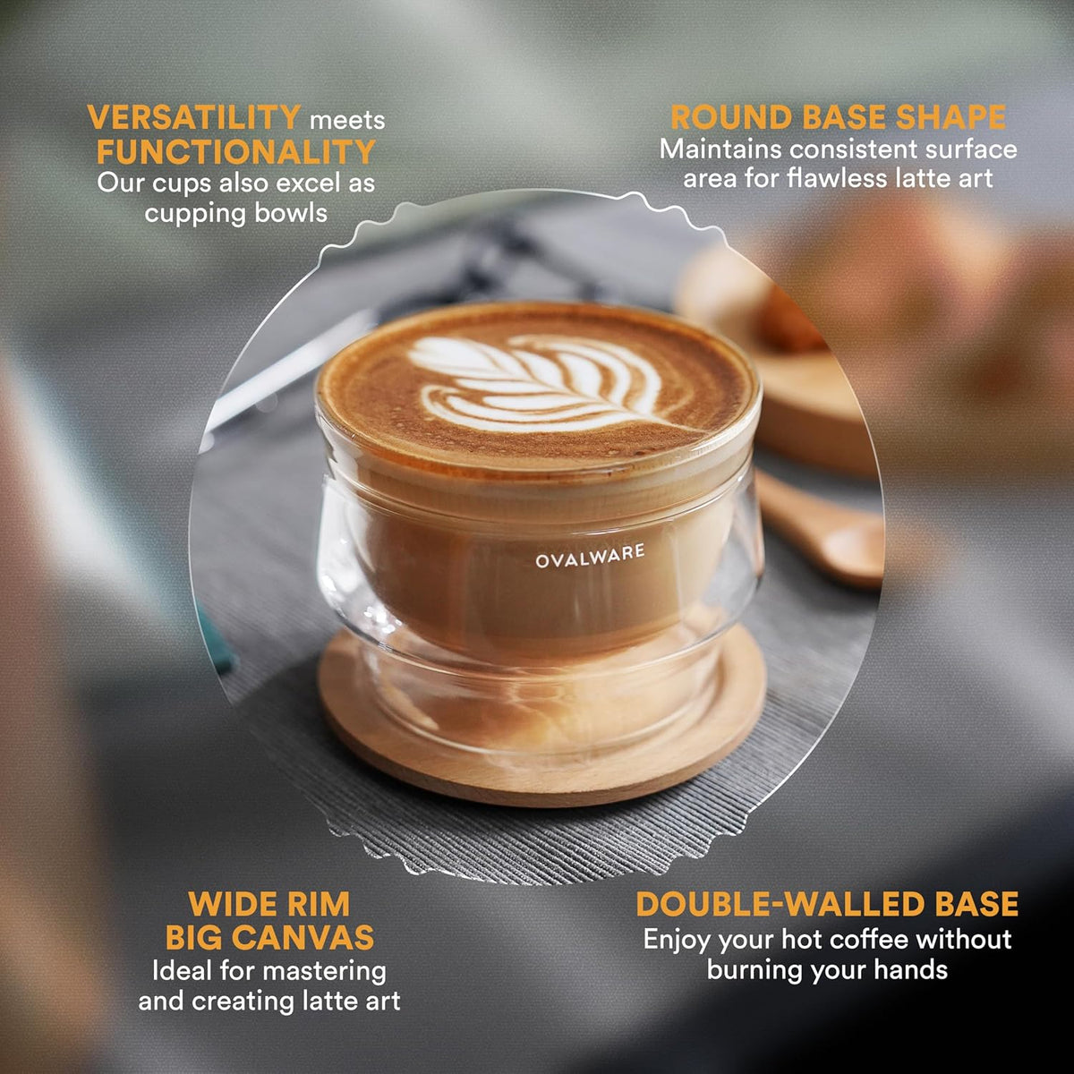 ovalware Double Wall Latte Art Cups 8.5oz/250ml | Set of 2, Wide Rim | Palm-Sized Borosilicate Build Keeps Beverages Hot or Iced | Ideal for Cappuccino &amp; Specialty Brewing | Clear