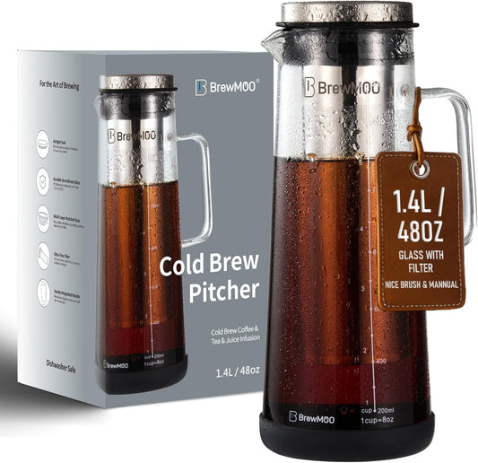 BrewMOO- Airtight Cold Brew Coffee Maker Pitcher, 1.4L/48Oz Thick Glass Carafe with Filter, Comfort Sturdy Handle &amp; Wide Spout, Non-Slip Base | Iced Tea Maker (Black)