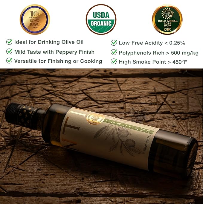 Entimio Italiano Organic Italian Extra Virgin Olive Oil from Italy, 500+ mg/kg High in Polyphenols, 2025 Gold Winner, Tuscany evoo, Cold Extracted, Lab Tested for Drinking, Cooking, and Finishing
