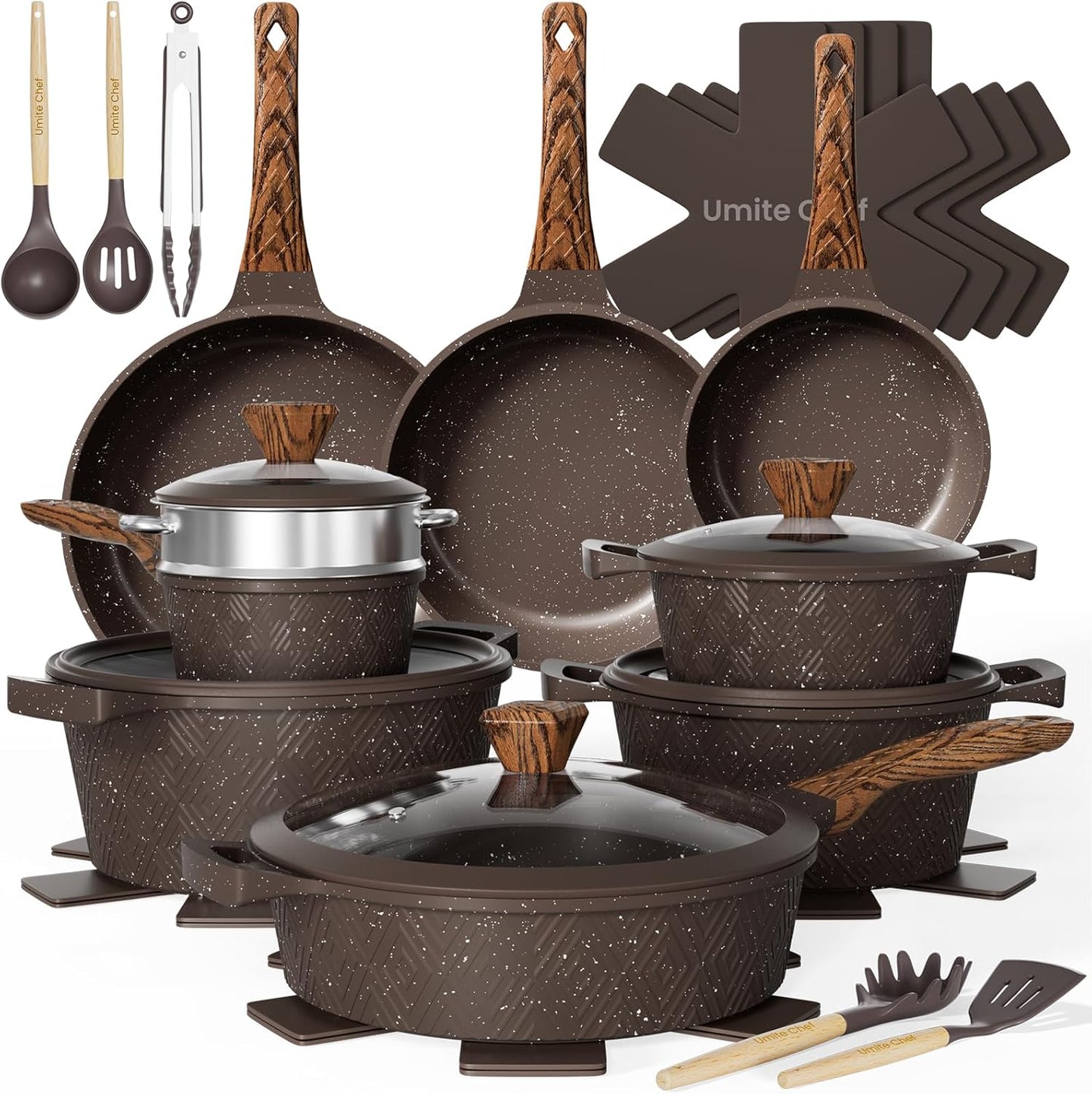 Umite Chef 26PCS Pots and Pans Set Non Stick, Nonstick Cookware Sets, Induction Cook Ware, Includes Steamer & Silicone U