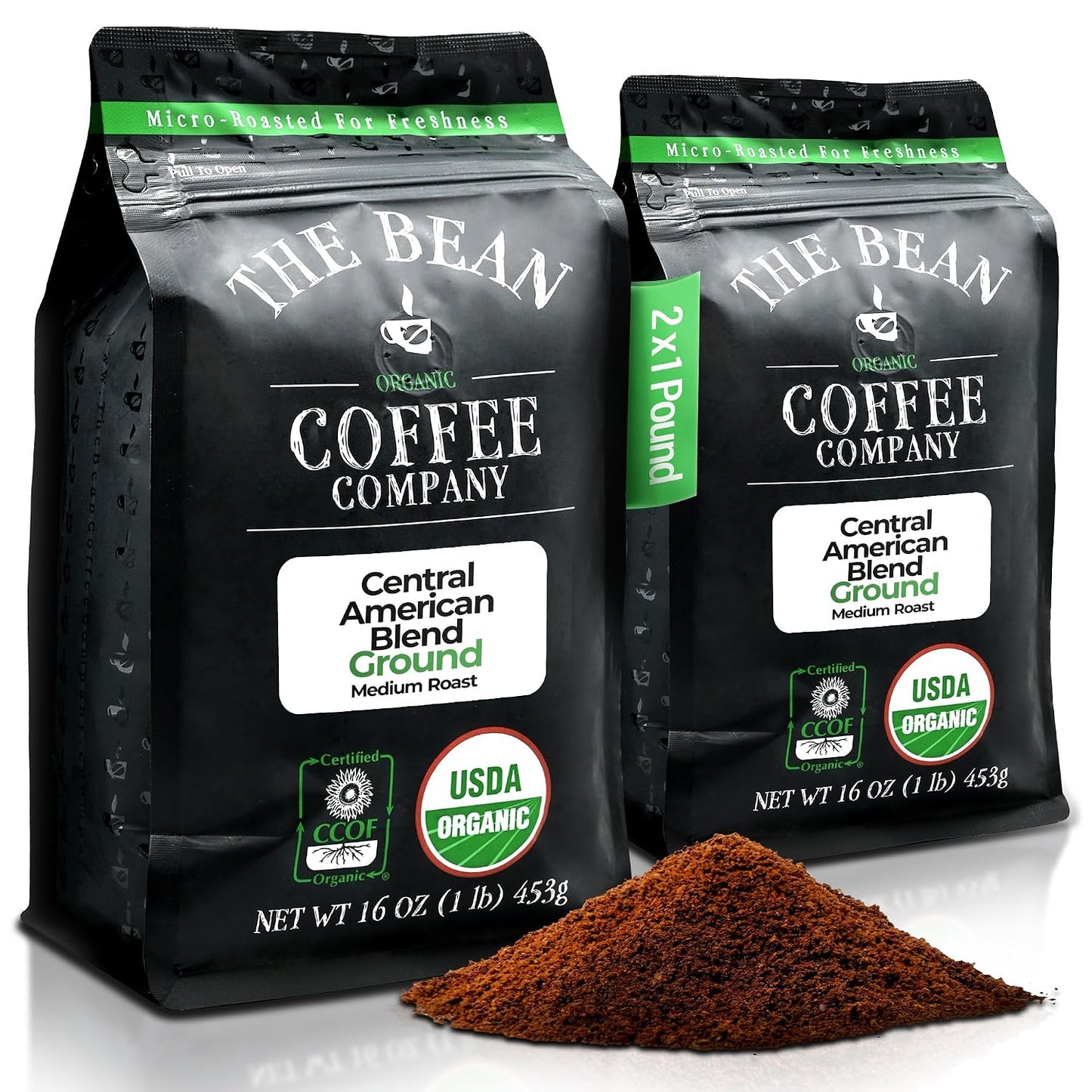 The Bean Organic Coffee Co. Central America Blend, Medium, Ground, 2 x 1 lb | Mild, well-balanced Central American blend. Organic ground coffee. Medium Roast. 2 x 1 lb.