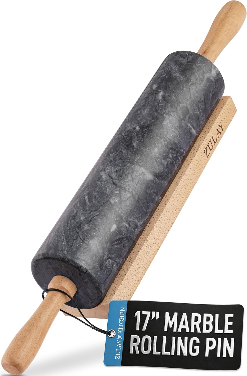 Zulay Kitchen 17-Inch Marble Rolling Pin With Stand - Polished Marble Rolling Pins For Baking - Long Rolling Pin Marble With