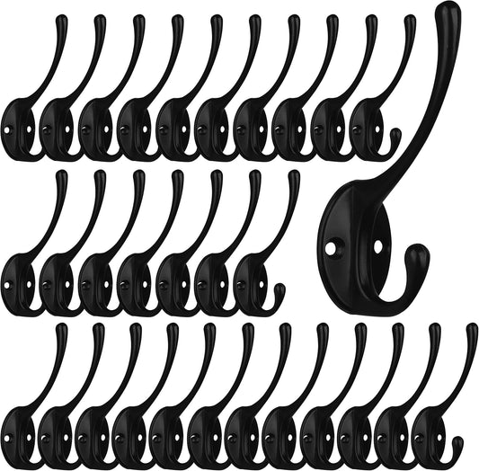 IBosins 30 Pack Heavy Duty Dual Coat Hooks Wall Mounted with 60 Screws Retro Double Hooks Utility Black Hooks for Coat,
